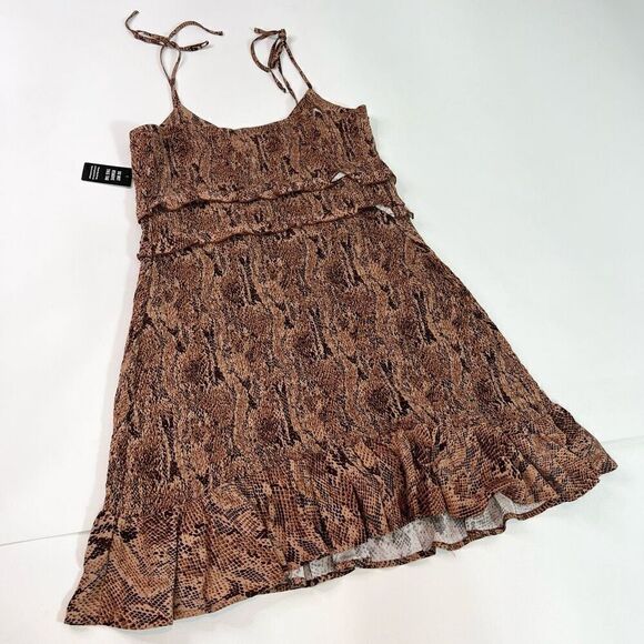 Express Mini Dress Womens Large Brown Smocked Snake Print Spaghetti Strap new - Picture 9 of 10